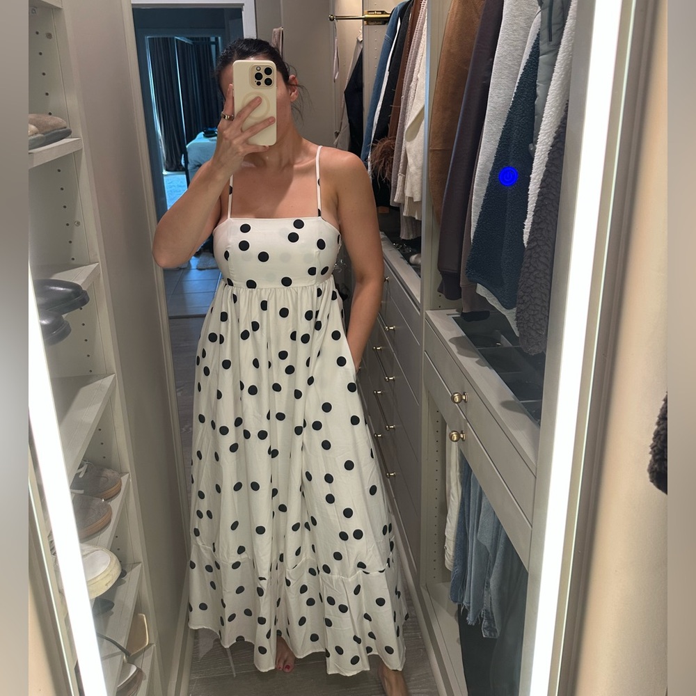 White Polka Dot Midi Dress with Spaghetti Straps